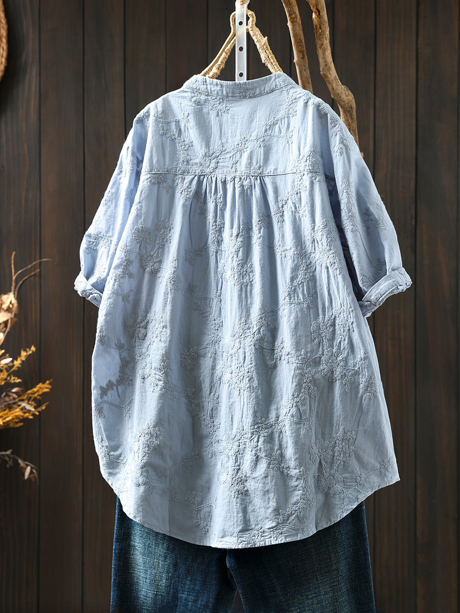 Blume 100% Baumwolle V-Ausschnitt Frauen Shirt Artsy Stickerei Sommer 