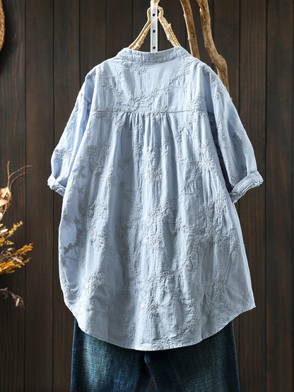 Blume 100% Baumwolle V-Ausschnitt Frauen Shirt Artsy Stickerei Sommer 