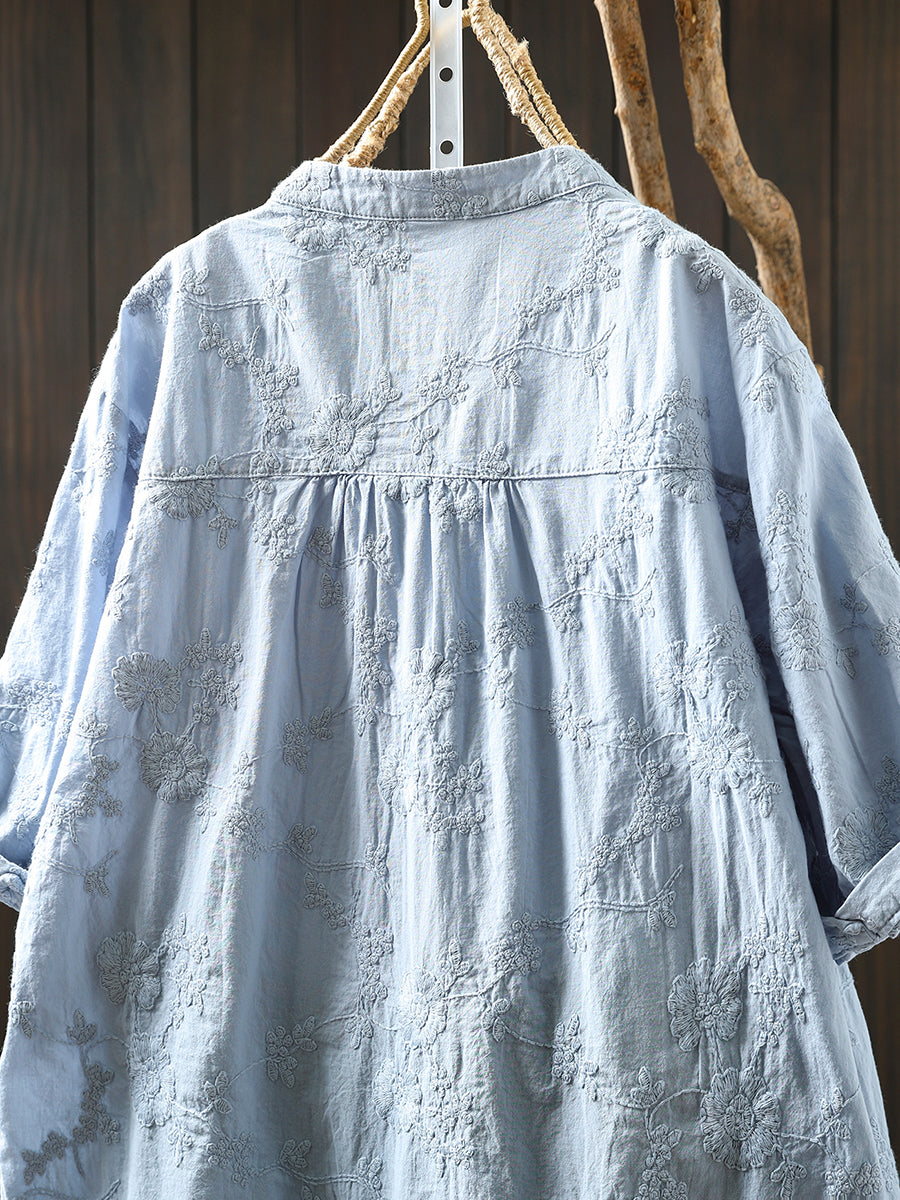 Blume 100% Baumwolle V-Ausschnitt Frauen Shirt Artsy Stickerei Sommer 