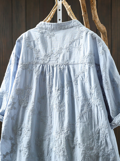 Blume 100% Baumwolle V-Ausschnitt Frauen Shirt Artsy Stickerei Sommer 