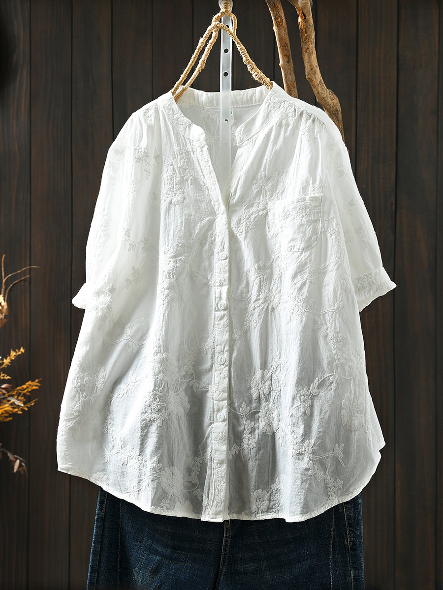 Blume 100% Baumwolle V-Ausschnitt Frauen Shirt Artsy Stickerei Sommer 