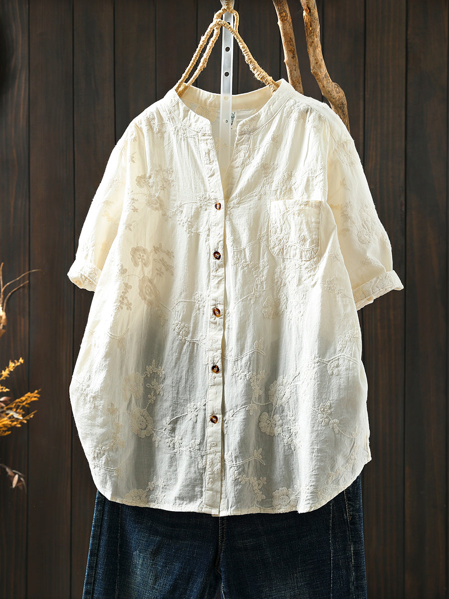 Blume 100% Baumwolle V-Ausschnitt Frauen Shirt Artsy Stickerei Sommer 