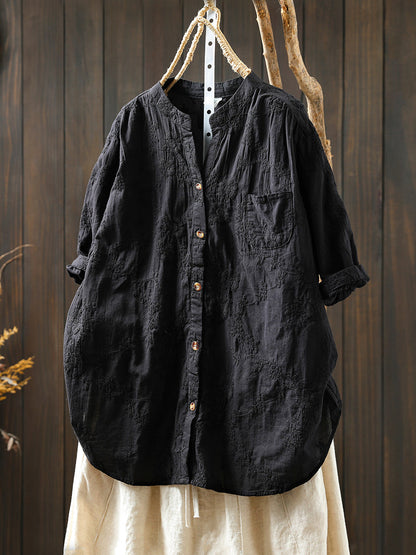 Blume 100% Baumwolle V-Ausschnitt Frauen Shirt Artsy Stickerei Sommer 