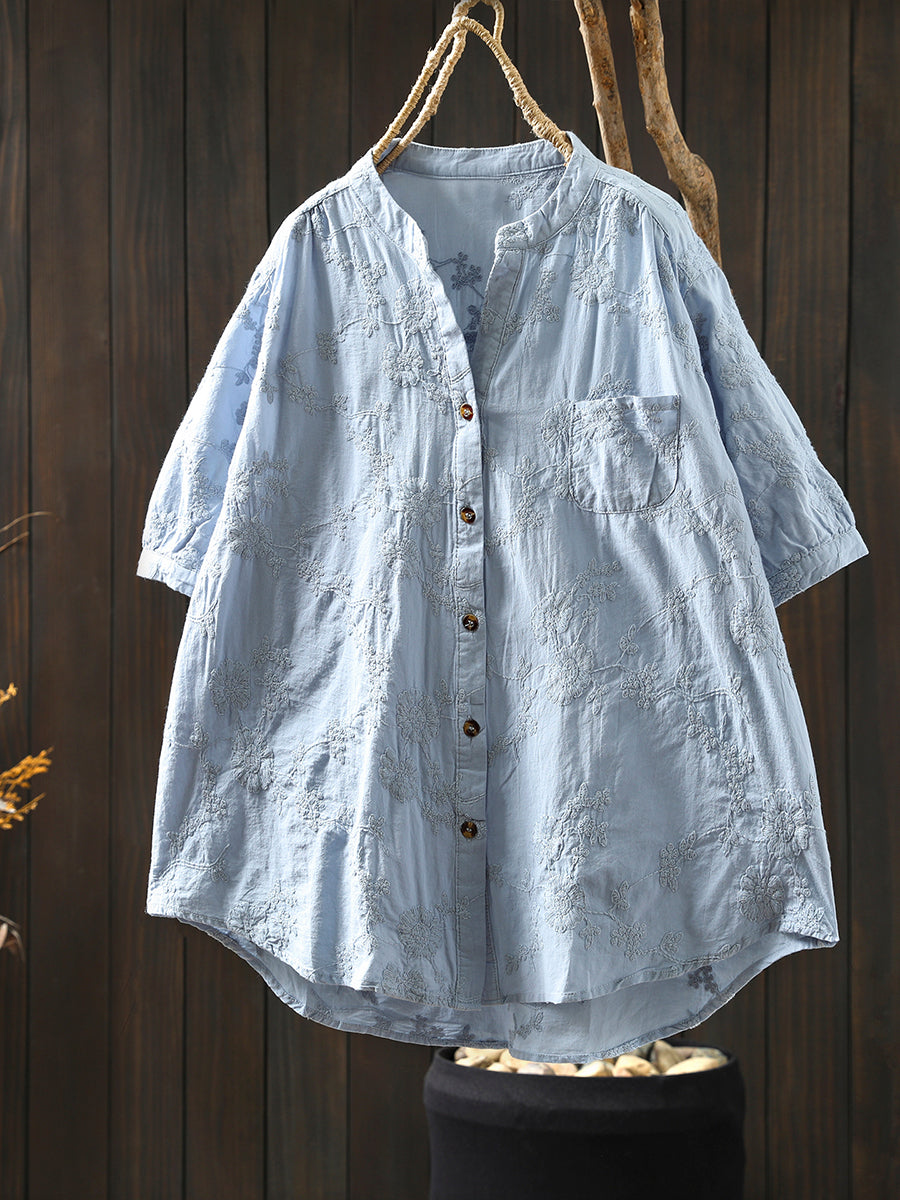 Blume 100% Baumwolle V-Ausschnitt Frauen Shirt Artsy Stickerei Sommer 