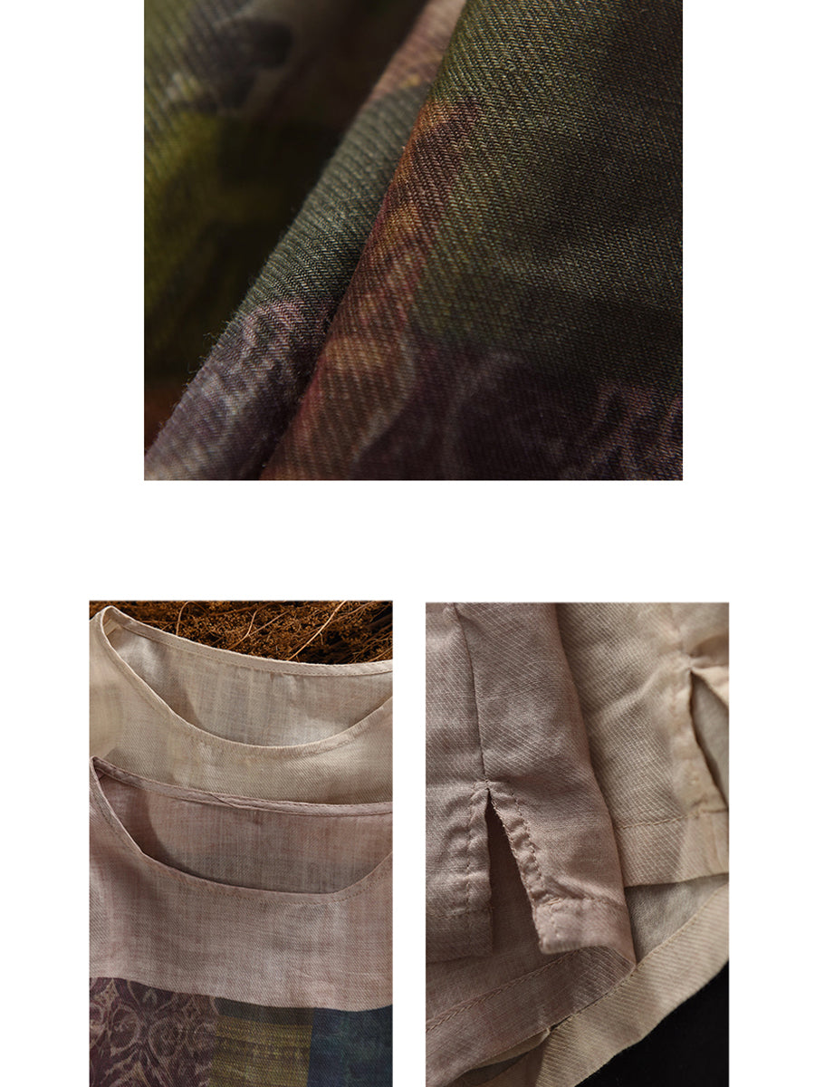 Sommer O-Ausschnitt Damen Patchwork Shirt 100% Ramie Artsy 