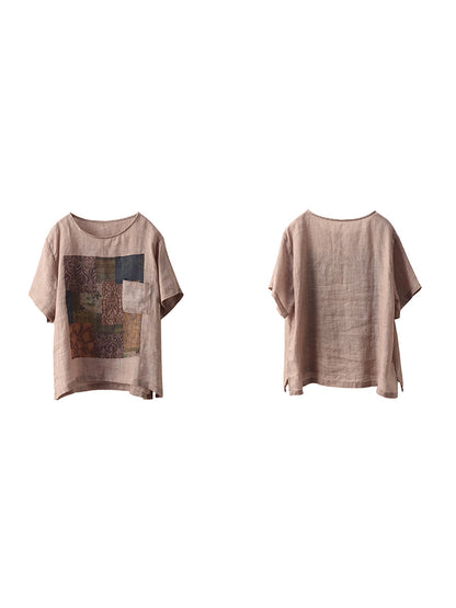 Sommer O-Ausschnitt Damen Patchwork Shirt 100% Ramie Artsy 