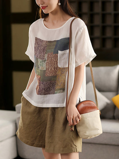 Sommer O-Ausschnitt Damen Patchwork Shirt 100% Ramie Artsy 