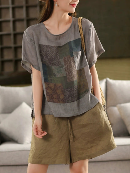 Sommer O-Ausschnitt Damen Patchwork Shirt 100% Ramie Artsy 