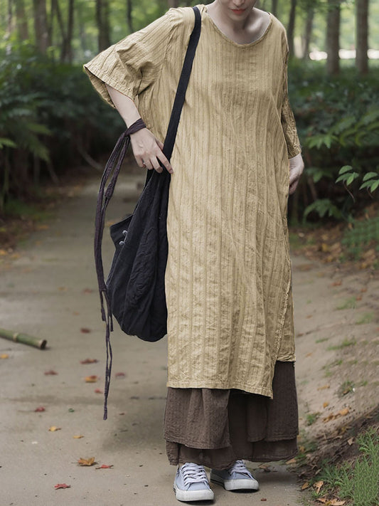 Kleid Damen Sommer O-Ausschnitt Baumwolle Streifen Retro 