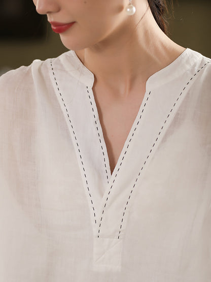 Chemise d'été 100 % lin à col en V pour femme