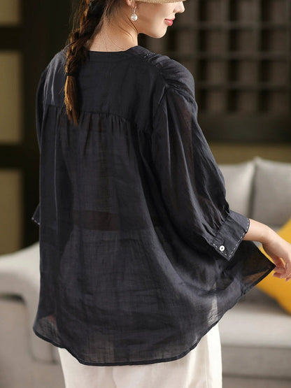 Chemise d'été 100 % lin à col en V pour femme