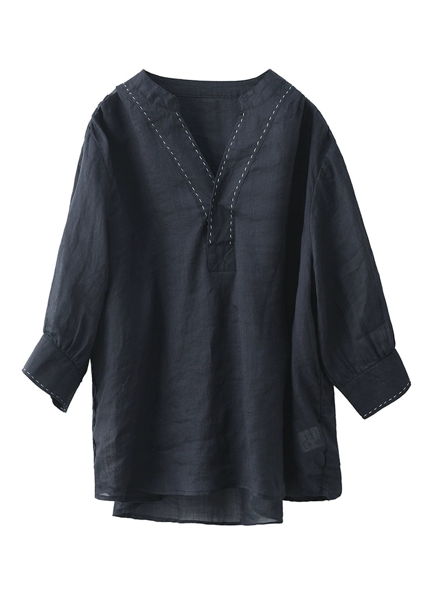 Chemise d'été 100 % lin à col en V pour femme