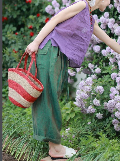 Pantalon d'été 100 % lin pour femme, jambes larges, couleur pure 