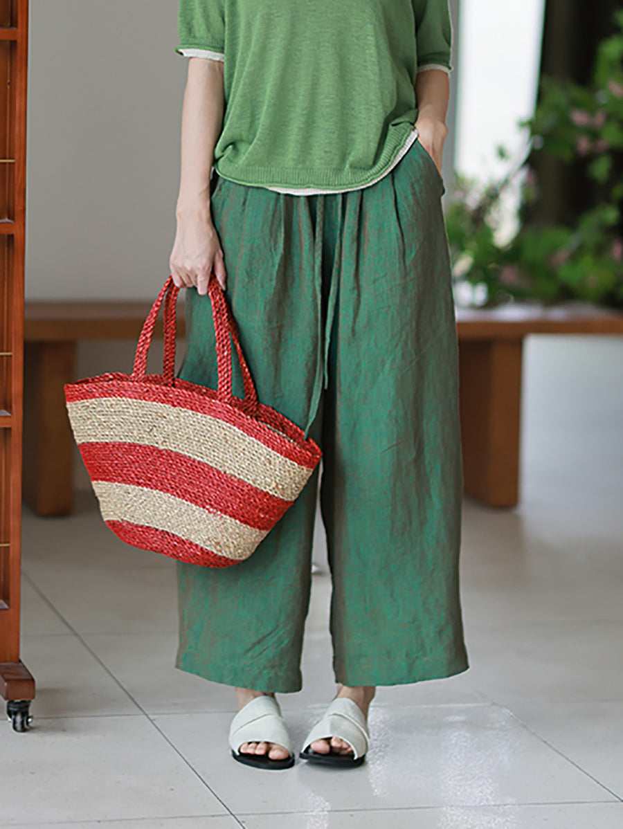 Pantalon d'été 100 % lin pour femme, jambes larges, couleur pure 