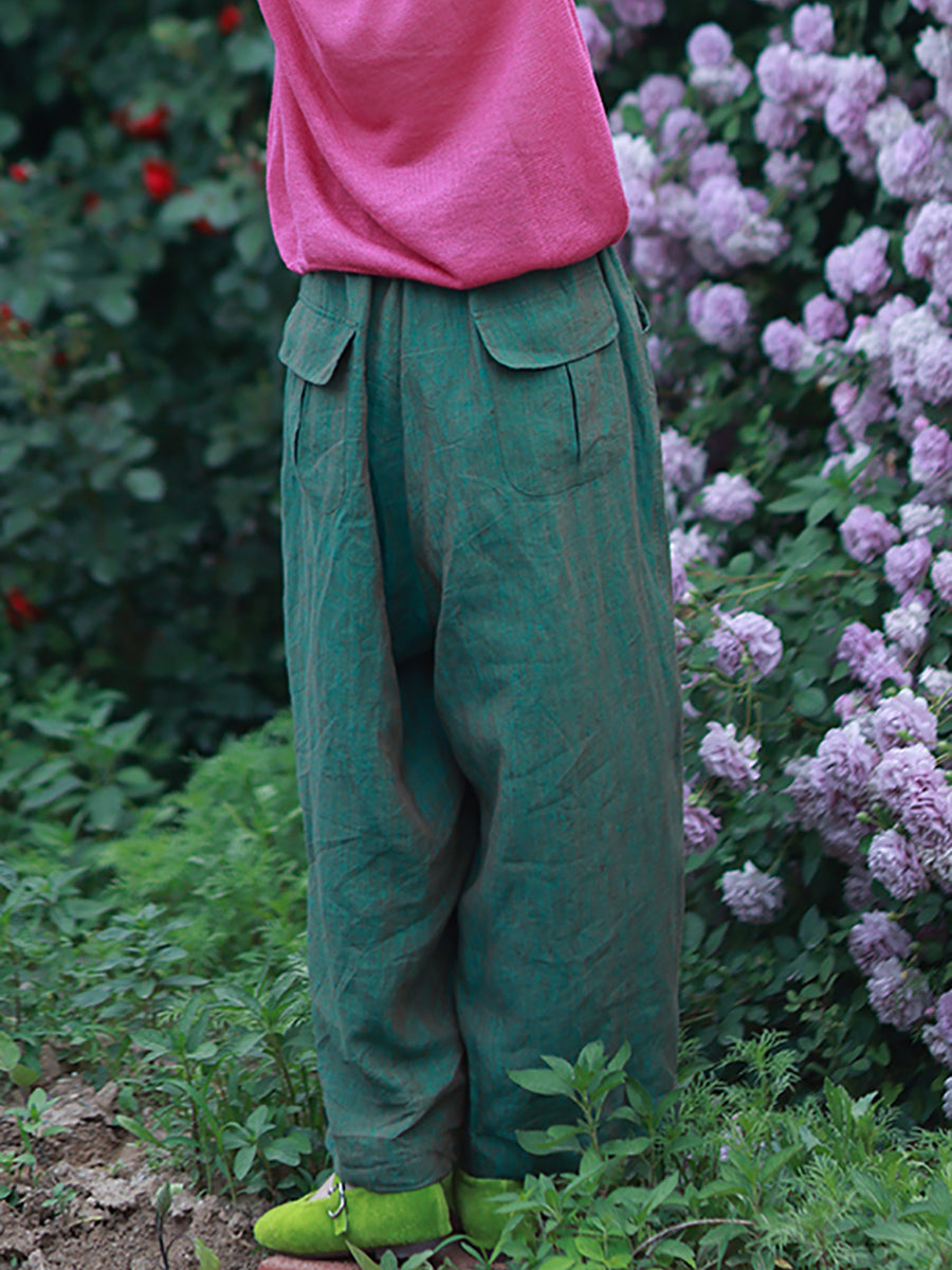 Pantalon d'été 100 % lin pour femme, jambes larges, couleur pure 
