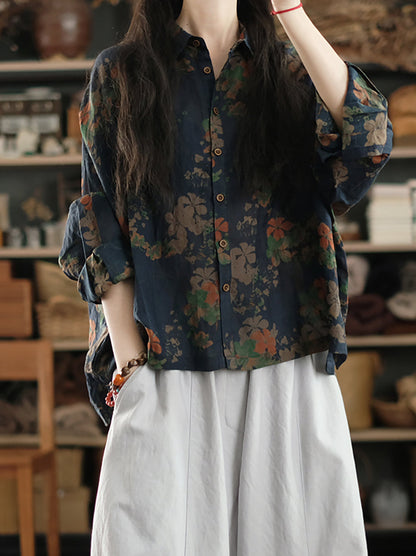 Damen Artsy Sommer Blumenkragen Umlegehemd 100% Ramie