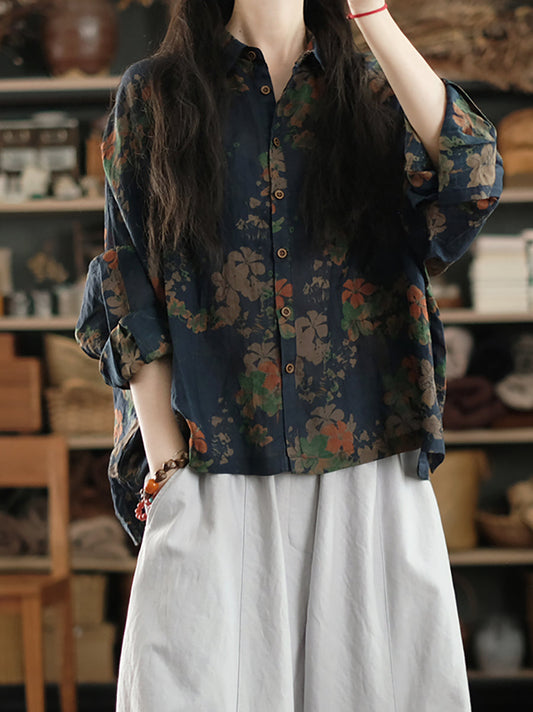Damen Artsy Sommer Blumenkragen Umlegehemd 100% Ramie