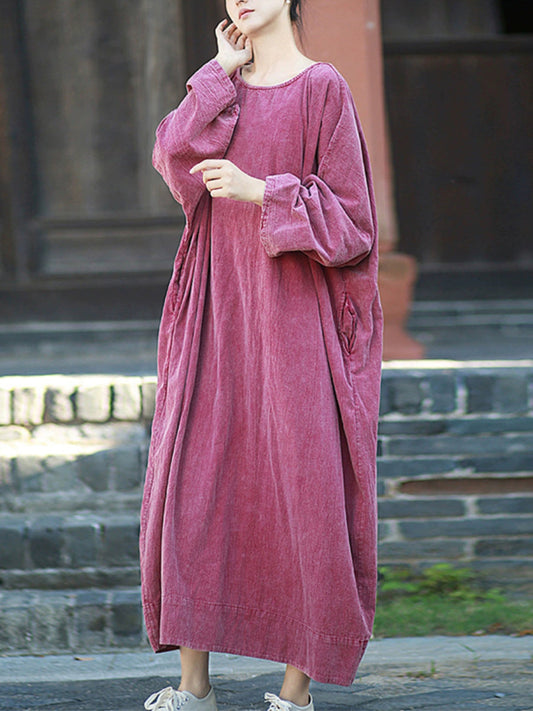 Autumn Dress O-Neck Retro Linen Women Pure Color Cotton