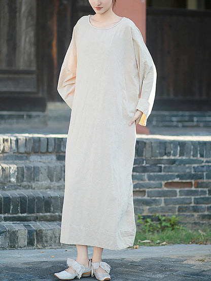 Autumn Dress O-Neck Retro Linen Women Pure Color Cotton
