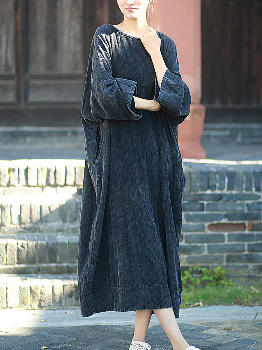 Autumn Dress O-Neck Retro Linen Women Pure Color Cotton