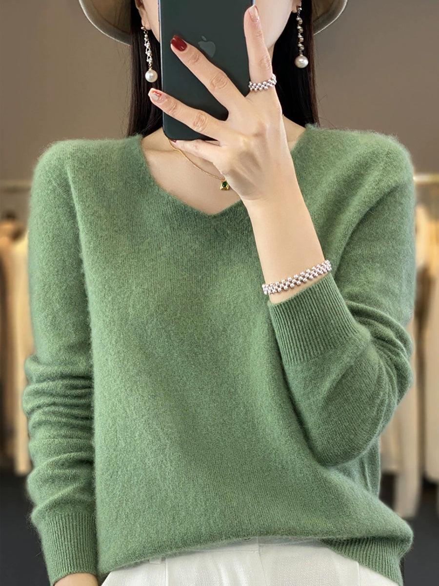 Wool V-Neck Casual Sweater Color Women Autumn Pure