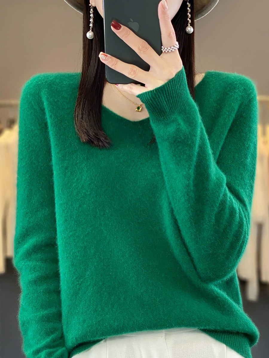 Wool V-Neck Casual Sweater Color Women Autumn Pure