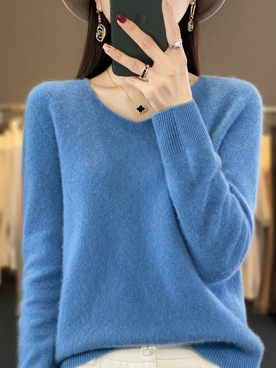 Wool V-Neck Casual Sweater Color Women Autumn Pure