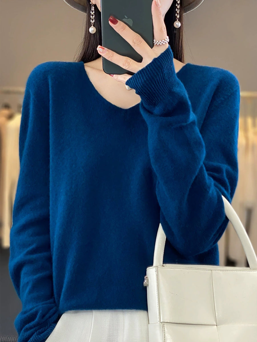 Wool V-Neck Casual Sweater Color Women Autumn Pure