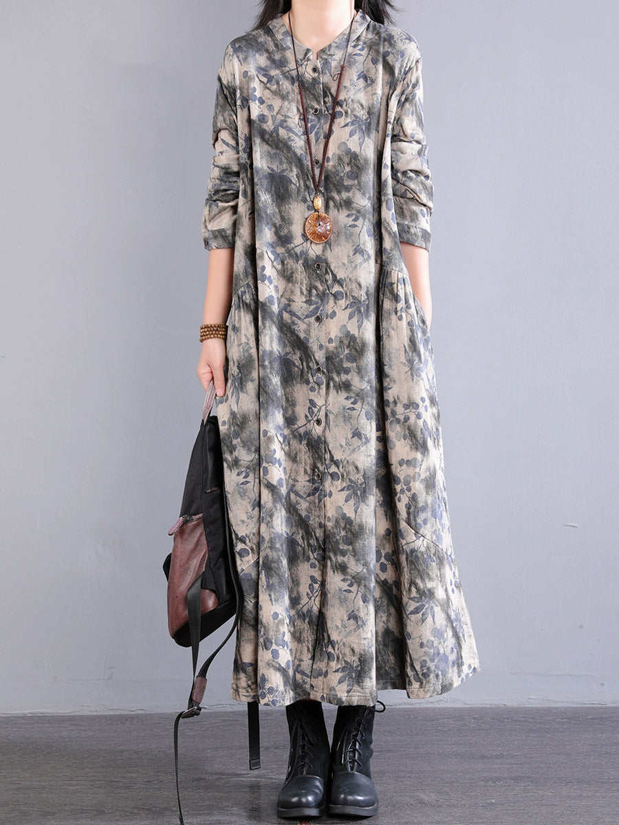 Dress 100%Cotton Women Autumn Print Collar Stand Retro