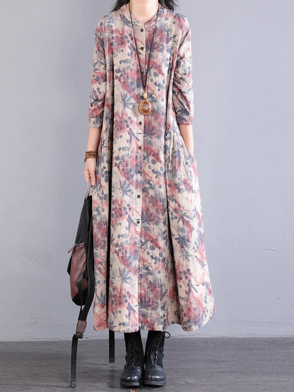 Dress 100%Cotton Women Autumn Print Collar Stand Retro
