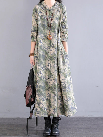 Dress 100%Cotton Women Autumn Print Collar Stand Retro
