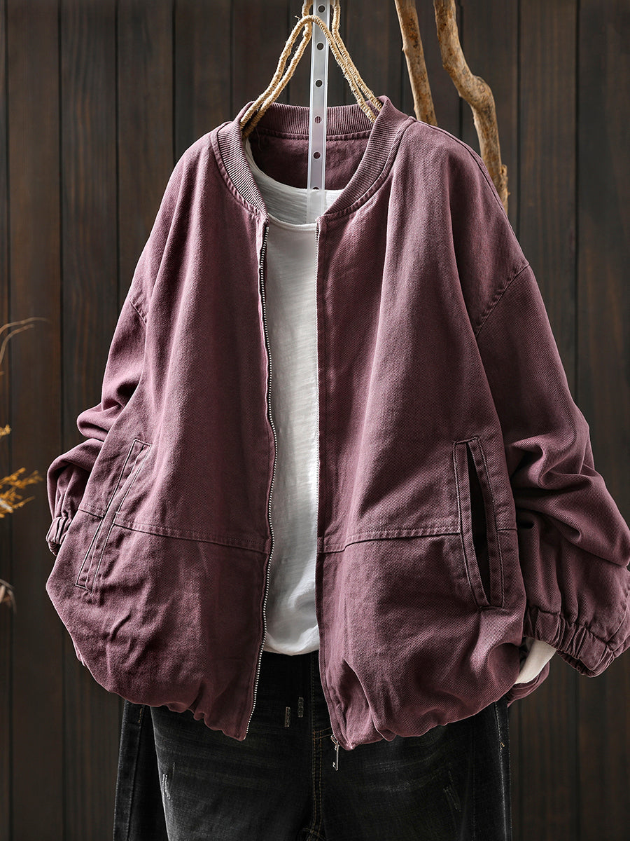 Pure Color Jacket O-Neck 100%Cotton Women Autumn