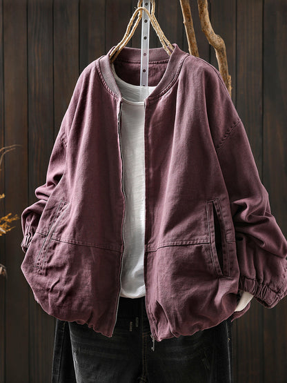 Pure Color Jacket O-Neck 100%Cotton Women Autumn