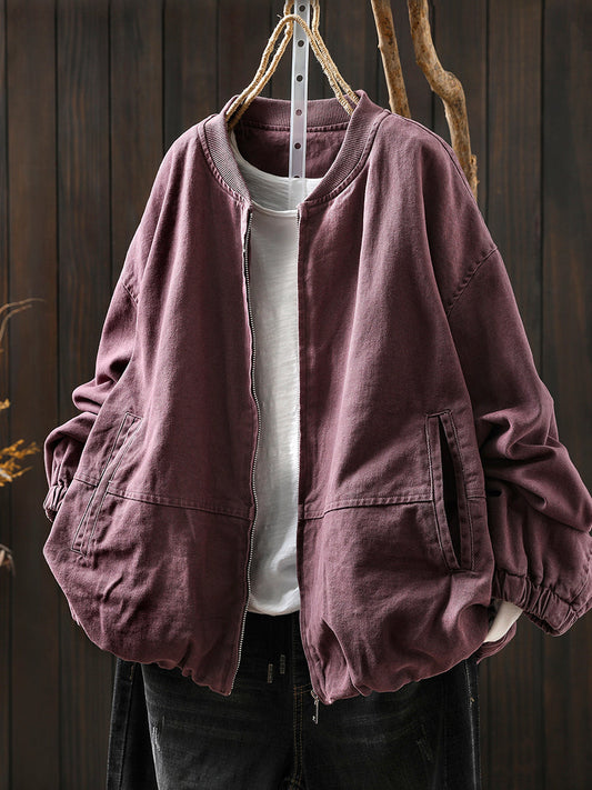 Pure Color Jacket O-Neck 100%Cotton Women Autumn