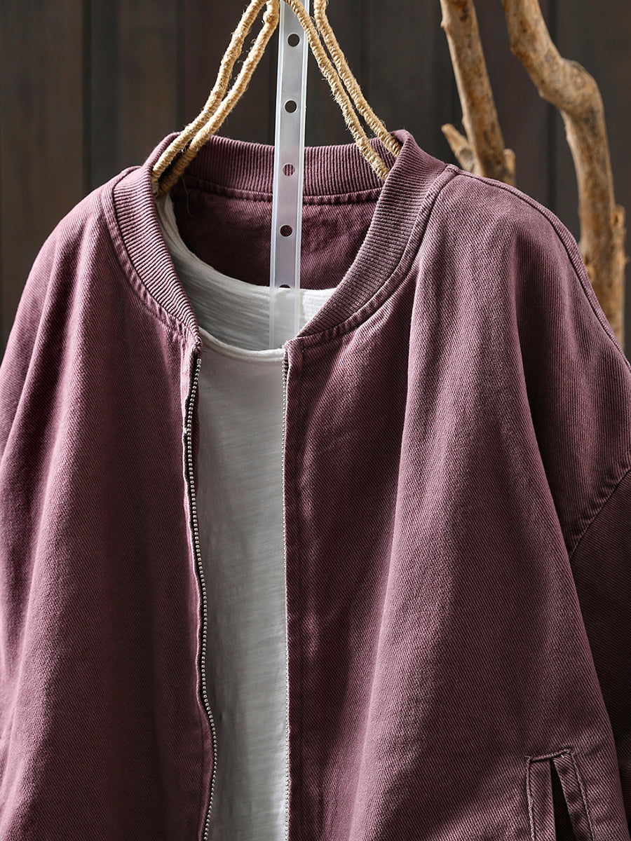 Pure Color Jacket O-Neck 100%Cotton Women Autumn