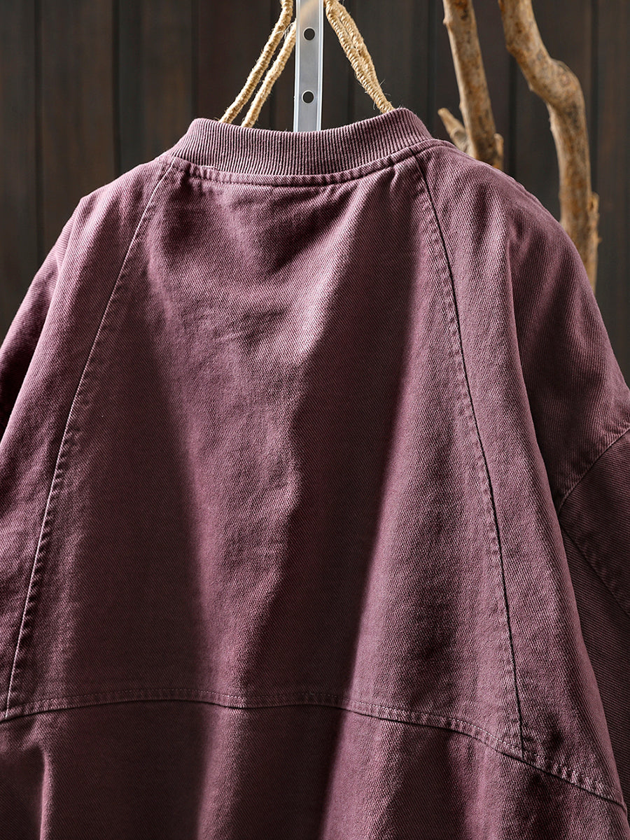 Pure Color Jacket O-Neck 100%Cotton Women Autumn