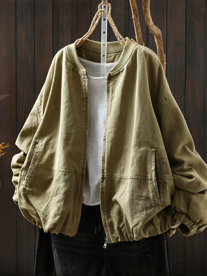 Pure Color Jacket O-Neck 100%Cotton Women Autumn