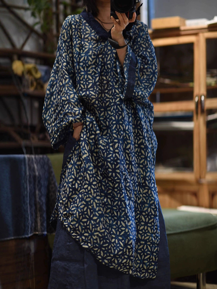 Spliced Flower Women Ramie Autumn Retro V-Neck Dress