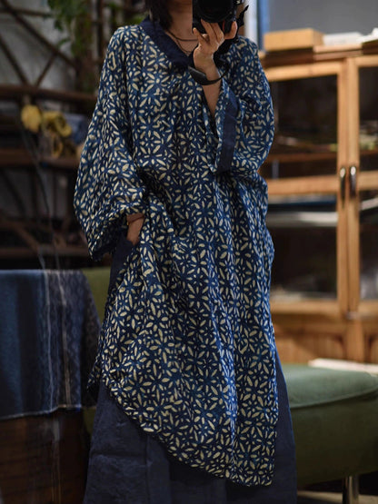 Spliced Flower Women Ramie Autumn Retro V-Neck Dress