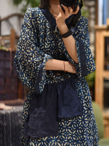 Spliced Flower Women Ramie Autumn Retro V-Neck Dress