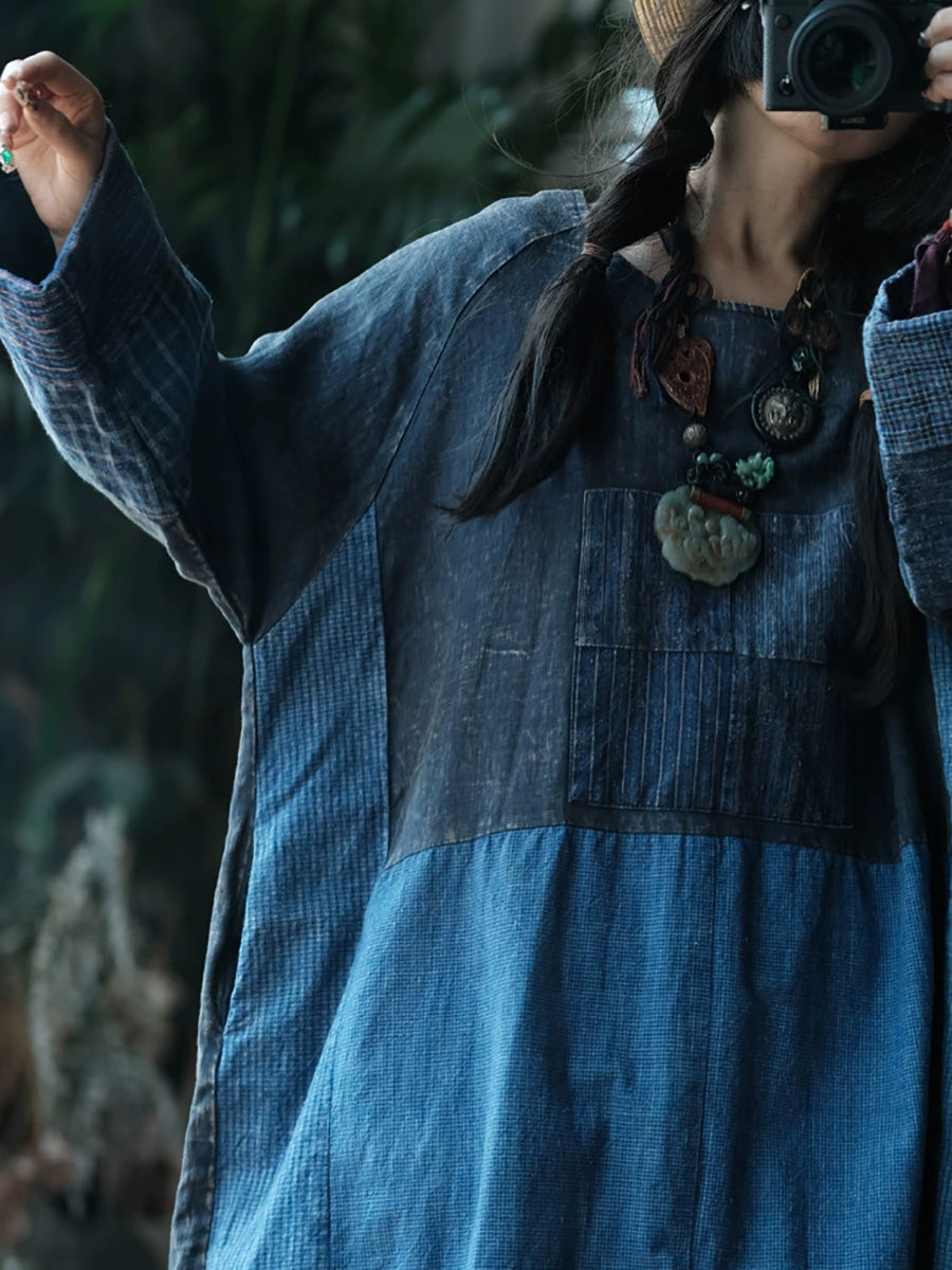 Retro Patchwork O-Neck Dress Women Cotton Autumn