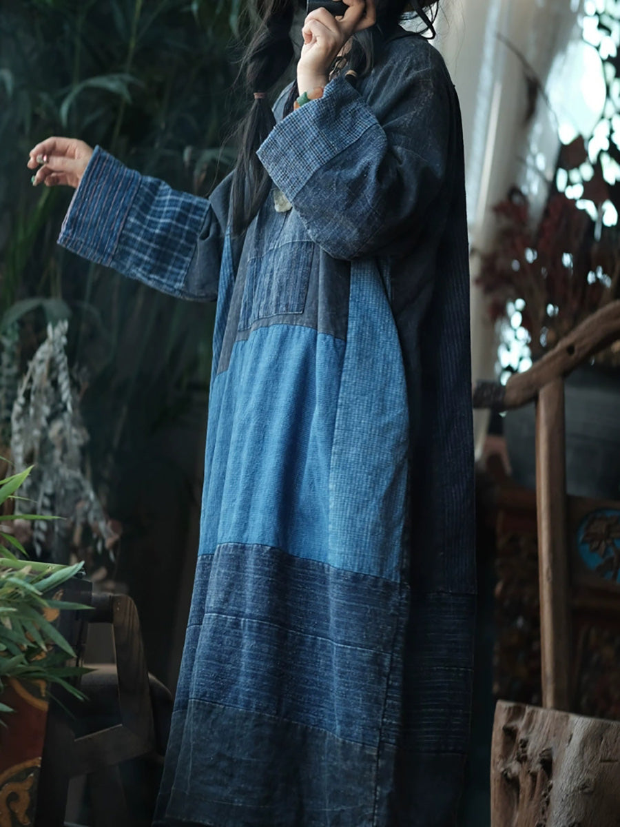 Retro Patchwork O-Neck Dress Women Cotton Autumn