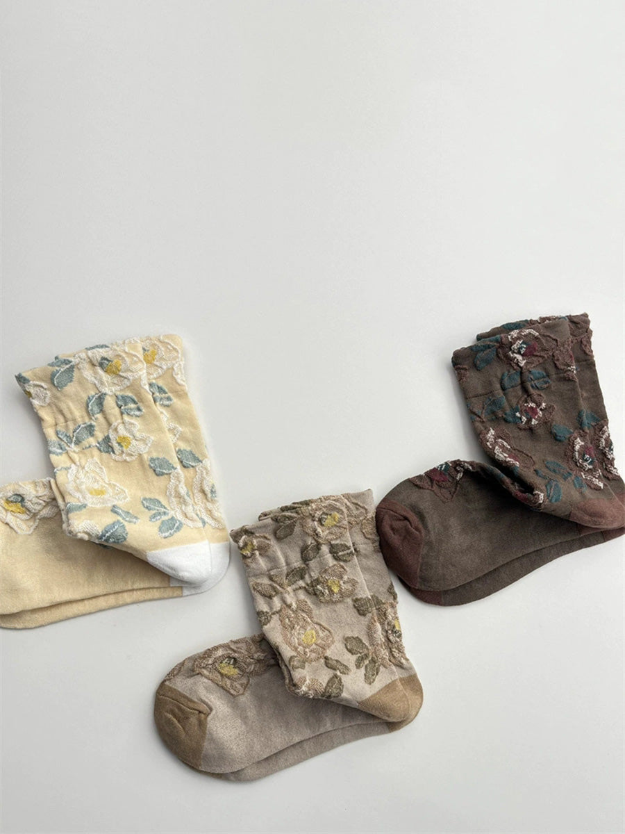 Autumn Socks Women 5 Artsy Flower Cotton Pairs Embossing