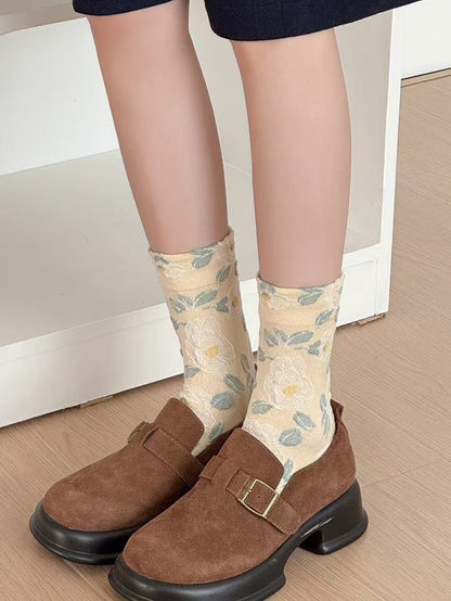 Autumn Socks Women 5 Artsy Flower Cotton Pairs Embossing