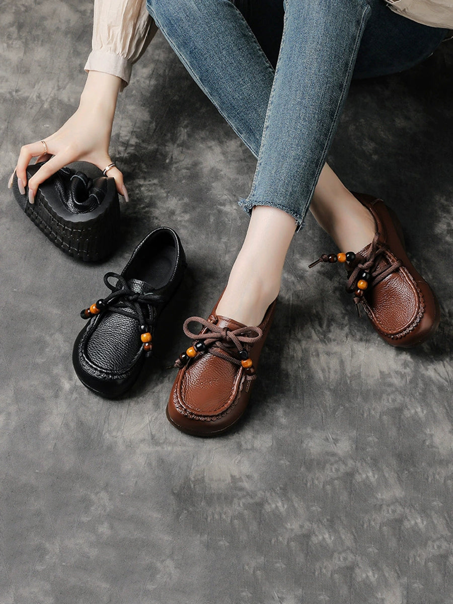 Leather Shoes Heel Women Soft Vintage Low