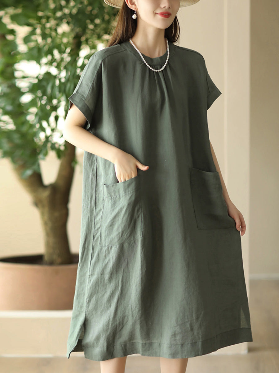 Women Summer Casual Solid Pocket O-Neck Linen Dress FD051