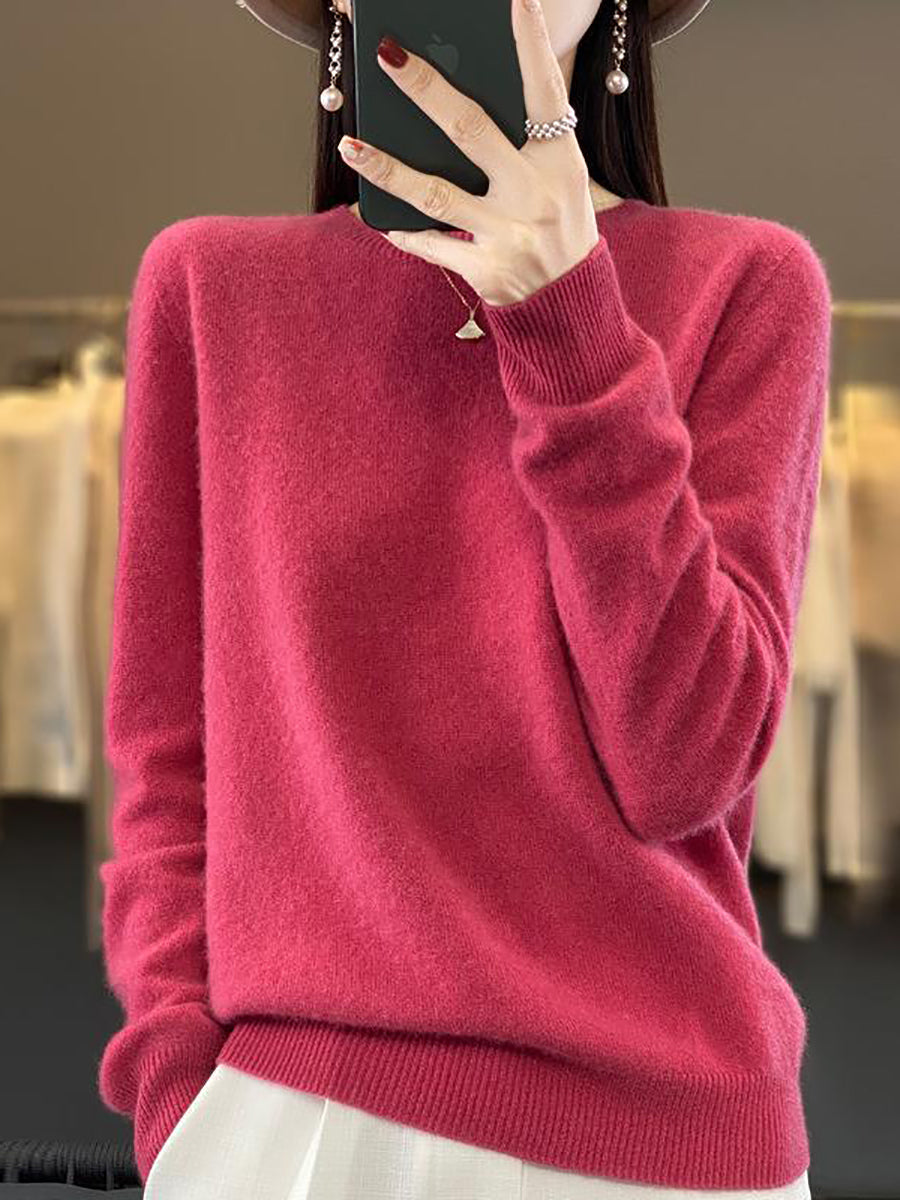 Women Autumn Solid Knit 100%Wool O-Neck Sweater WU023