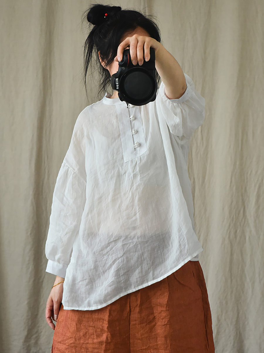 Women Vintage Solid 100%Ramie Summer Loose Shirt AS1047