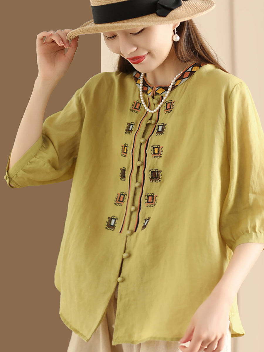 Women Summer Ethnic Embroidery Ramie Shirt ZZ1053