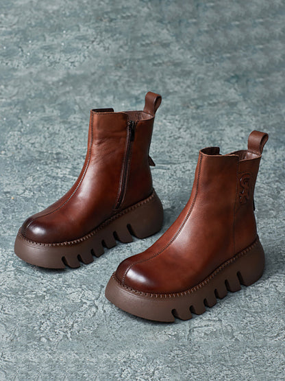 Bottes à plateforme rétro en cuir véritable pour femmes QM017